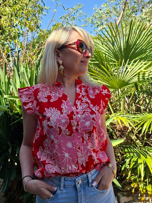 Chemisier Mélissa - Rouge fleuri