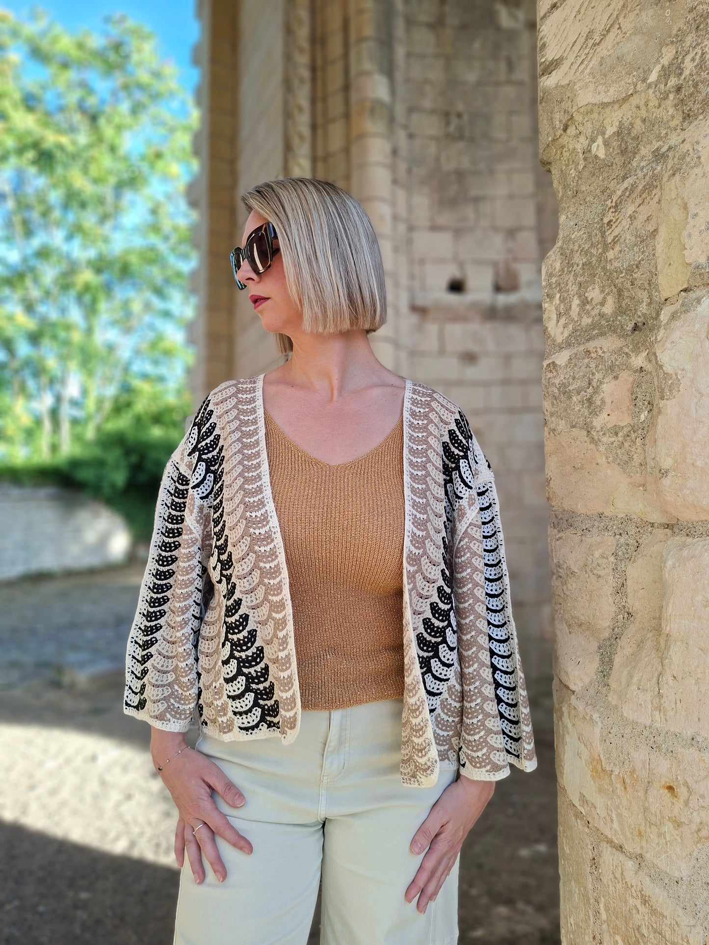 Gilet Amaya - Cardigan beige et noir