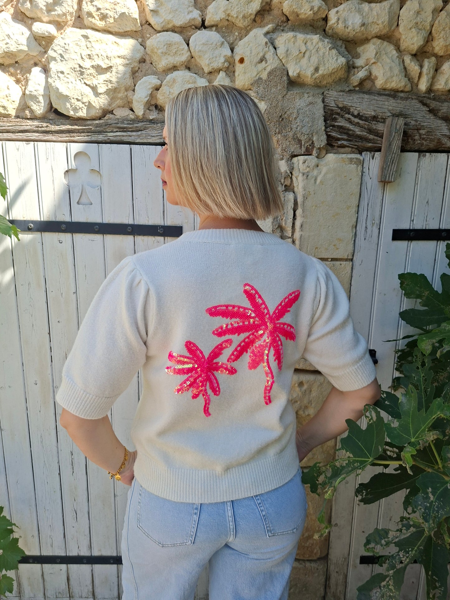 Pull Palma - Écru palmiers sequins