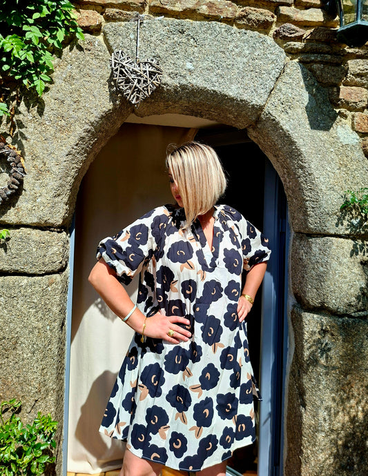 Robe Karina - Fleurs noir camel