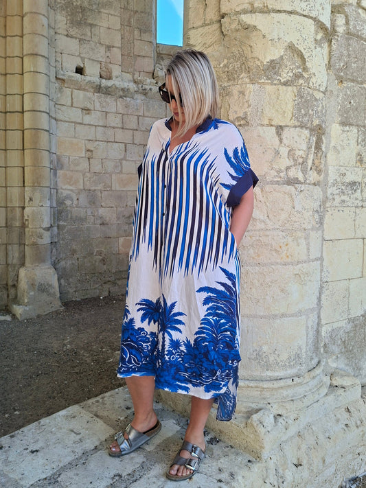 Robe chemise Majorque - Palmiers bleu