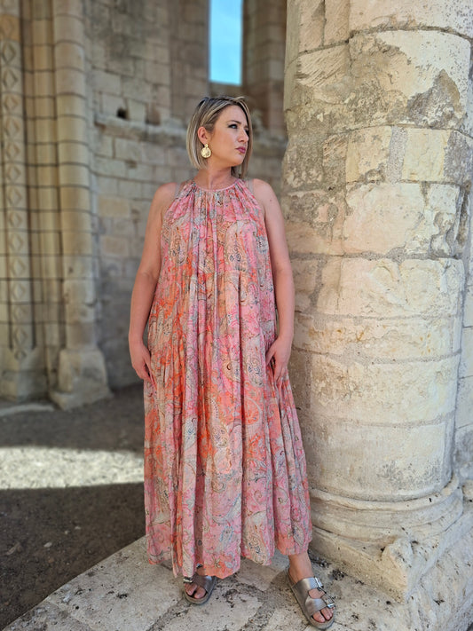 Robe Rosa - Robe longue rose motifs cachemire