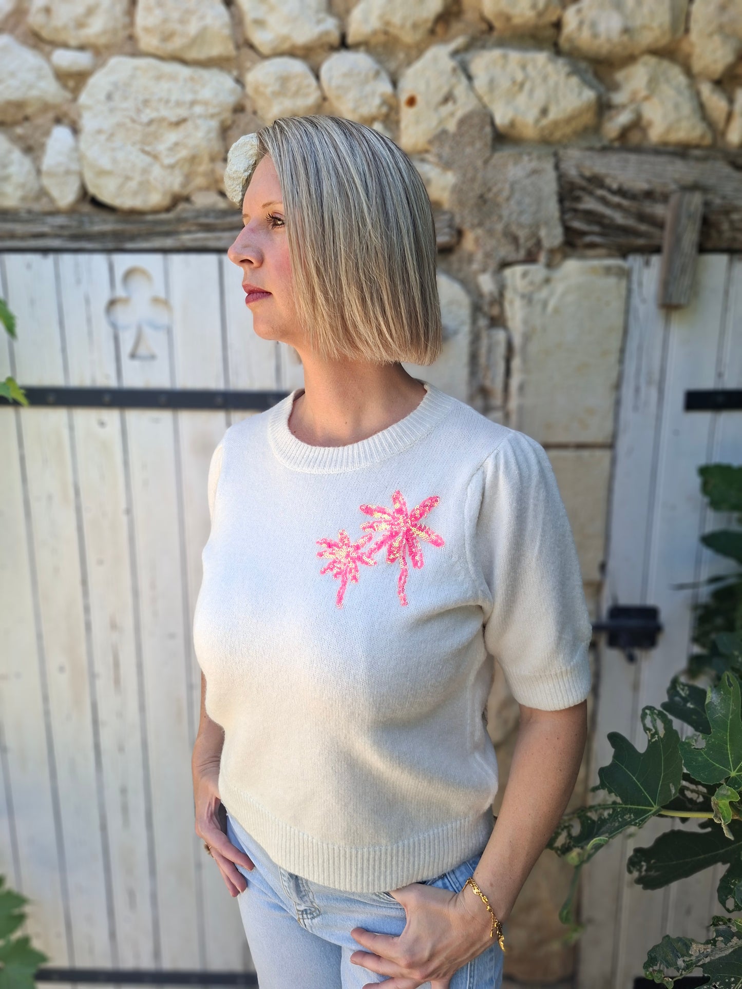 Pull Palma - Écru palmiers sequins
