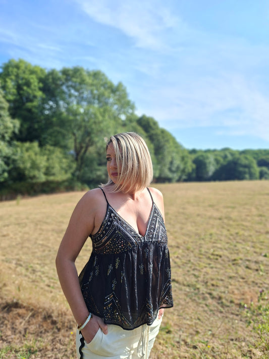 Top Clarence - Top noir à perles et sequins irisés